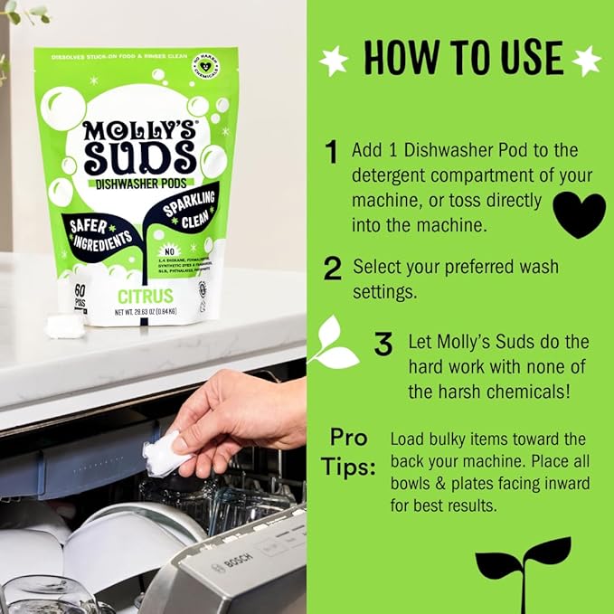 Molly's Suds Dishwasher Pods | Clean Dishwasher Detergent, Cuts Grease & Rinses Clean (Residue-Free) for Sparkling Dishes | 120 Auto-Release Tabs (Citrus)-Ruum Studio Home