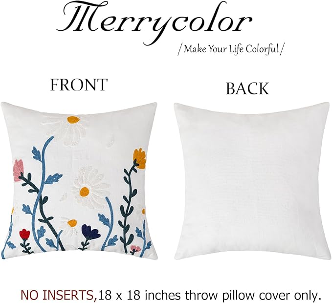 Merrycolor Embroidered Pillow Covers 18x18 Flower Pattern Decorative Throw Pillow Covers Comfortable Cotton Canvas Square Cushion Cases for Sofa Bed Living Room Decor-Ruum Studio Home