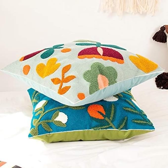 MOCOFO Canvas Embroidered Throw Pillow Cover with Flower Spring Embroidery Craft Modern Simple Sofa Office Pillow Pillow Case (Flower, 18x18’’)-Ruum Studio Home