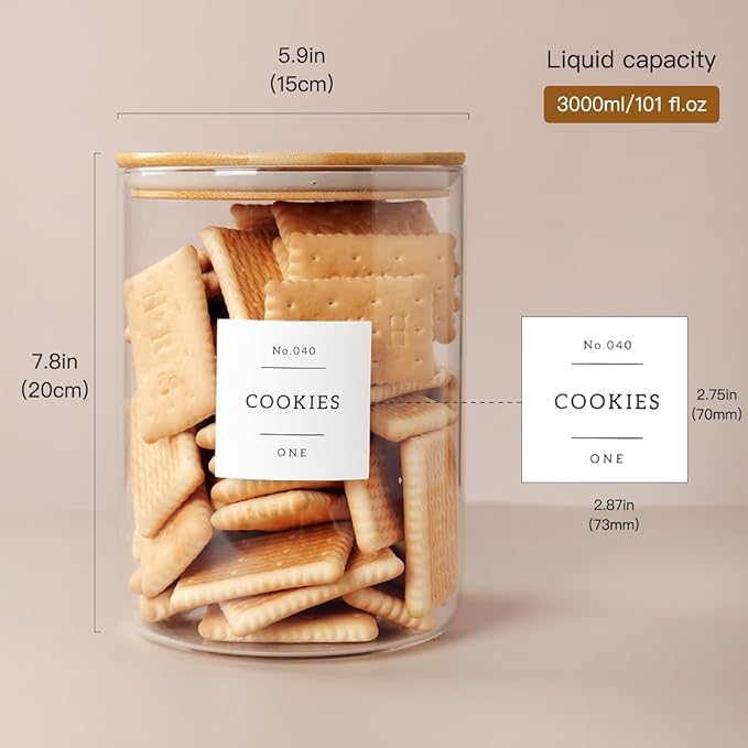 Set of 2 Large Glass Flour and Sugar Containers - 100 Fl oz Thicken Glass Storage Jars with Airtight Bamboo Lid and 132 Kitchen Pantry Labels - Big Clear Rice Containers Farmhouse-Ruum Studio Home