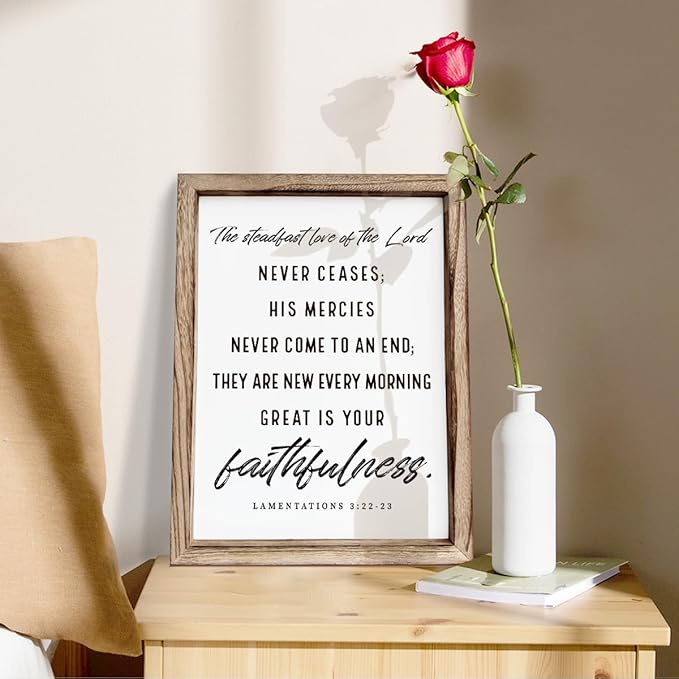 Christian Wooden Wall Signs, Living Room Decor, Home Church Decor for Room, Framed Wall Plaque Sign 15 * 11.5 inches, The Steadfast Love of the Lord Never Ceases Sign-Ruum Studio Home