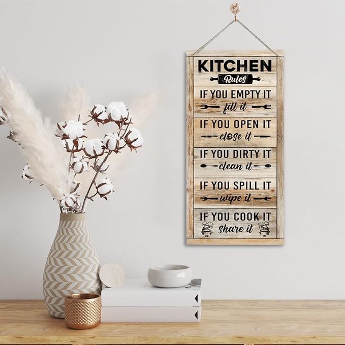 Hanging Kitchen Rules Wood Decor Sign, Rustic Kitchen Wooden Signs, Printed Wood Wall Art Sign, Kitchen Door Rules Rustic Sign, Hanging Wood Sign Kitchen Decor, Funny Farmhouse Kitchen Wall Décor E1-Ruum Studio Home