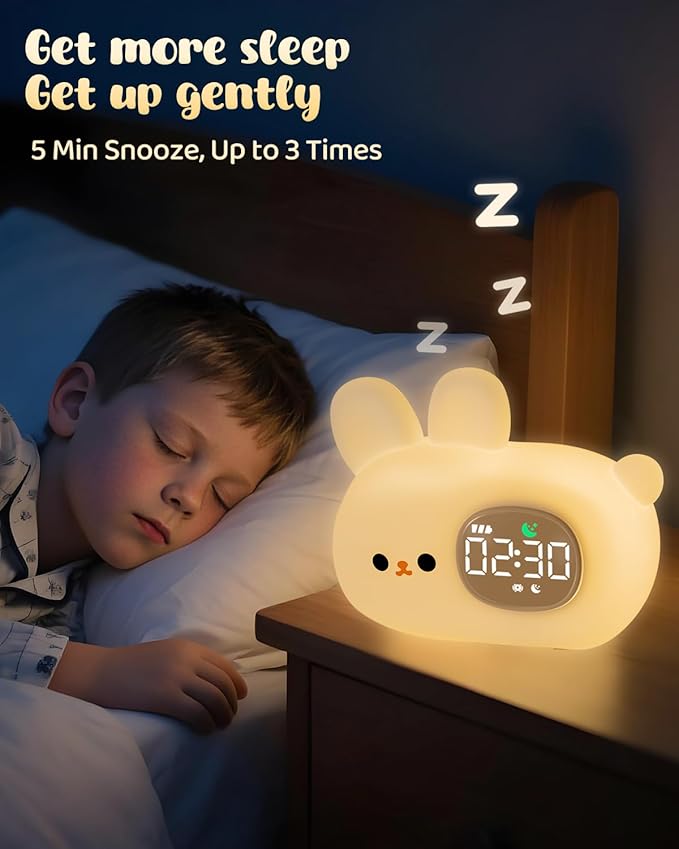 Bunny Alarm Clock for Kids with Night Light, Sleep Training Clock Time to Wake Clock, Rechargeable Silicone Light for Bedroom, Perfect Sleep Companion for Boys Girls-Ruum Studio Home