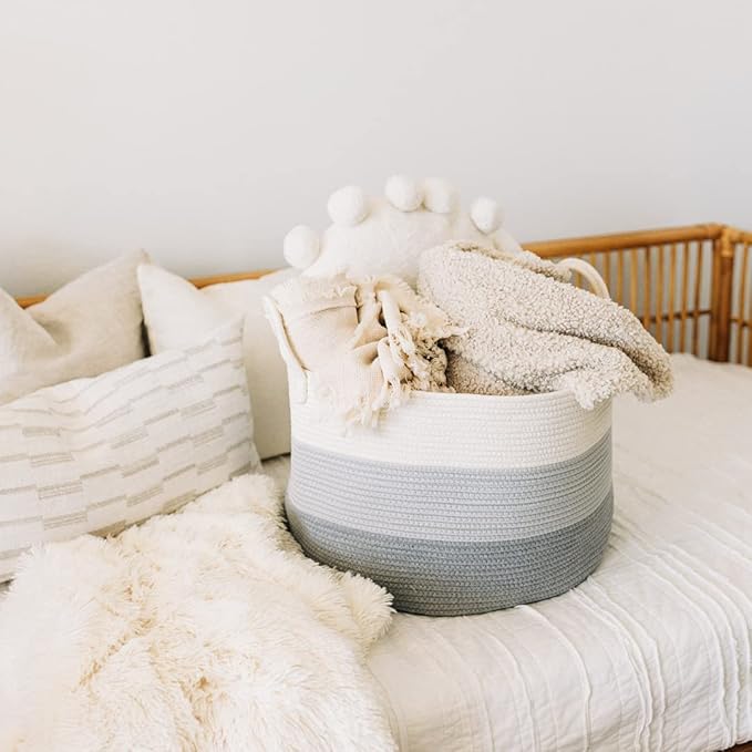 OrganiHaus Large Laundry Basket, Woven Cotton Rope Basket for Blankets, Toy Storage, Nursery Hamper, Living Room Decor Organizer, Soft & Durable Hamper with Handles, 20x13 inches - Gray-Ruum Studio Home