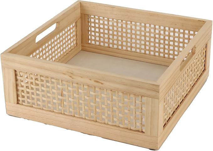 YRMT Wood Storage Crate Basket Rustic Wooden Storage Container for Organizing Decorative Bamboo Box with Handles for Pantry, Shelves Organizer 11.4" x 11.4" x 5" (Natural)-Ruum Studio Home