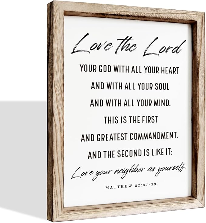 Christian Wall Plaque, Master Bedroom Decor Above Bed, Rustic Farmhouse Christian Decor, Matthew 22:37-39 Signs, Framed Wall Plaque Sign 15 * 11.5 inches, Love the Lord Sign-Ruum Studio Home