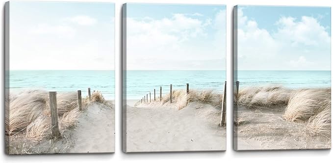 3 Piece Large Canvas Bedroom Wall Art Beach Blue Sea Blue Sky Print Picture Framed Wall Decor for Living Room Bathroom Modern Home Decor Artwork Ready to Hang Coastal Wall Decorations Size 16x24x3-Ruum Studio Home