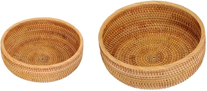Set of 2 Round Rattan Bowl Baskets, 8 9 Inch Handmade Wicker Basket Tray with 3”Deep Wall, Decorative Woven Brown Bread Basket Fruit Bowl Table Key Holder, 2-Size-Ruum Studio Home