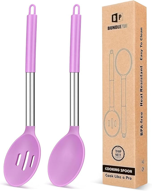 Pack of 2 Large Silicone Cooking Spoons,Non Stick Solid Basting Spoon,Heat-Resistant Kitchen Utensils for Mixing,Serving,Draining,Stirring (PURPLE)-Ruum Studio Home