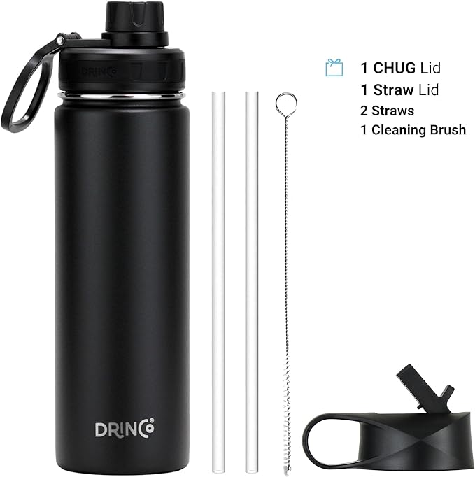 Drinco Stainless Steel Water Bottle Spout Lid Vacuum Insulated Double Wall Water Bottle Wide Mouth (40oz 32oz 22oz 18oz 14oz) Leak Proof Keep Cold Sport Camping Hiking (22 oz, 22oz Black)-Ruum Studio Home