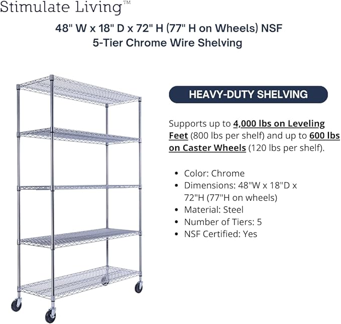 48"x18"x72" PRIME HEAVY DUTY Chrome 5-Tier Wire Shelving NSF 4000 LBS MAX Capacity Storage Rack for Commercial, School, Home, Garage, Warehouse, Industrial, and Hospital Uses (with Wheels)-Ruum Studio Home