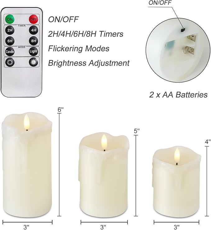 Homemory Dripping Wax Flameless LED Pillar Candles, Battery Operated with Remote Control and Timer, Set of 3, 5" H x 4" W x 6" D-Ruum Studio Home