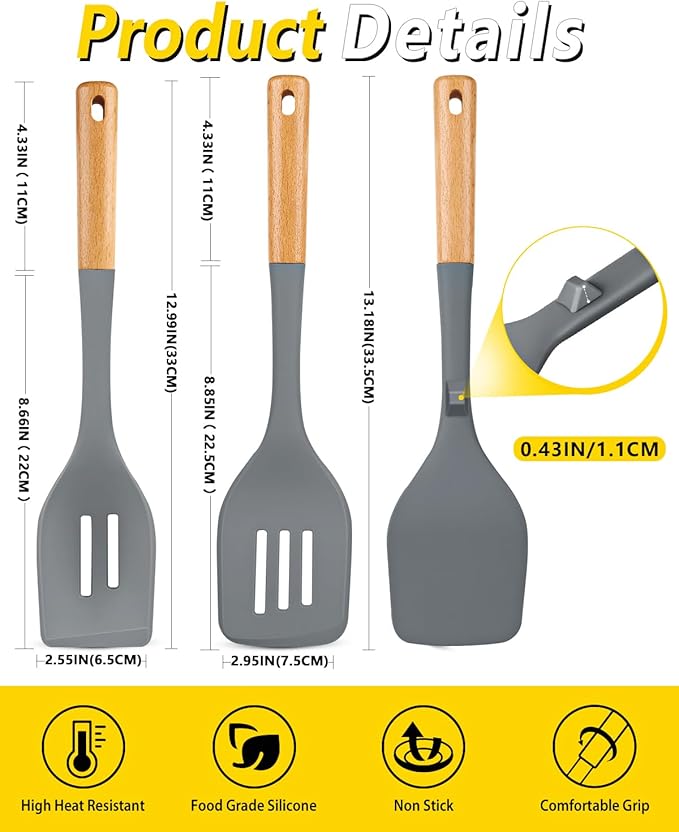 Pack of 4 Silicone Kitchen Utensils Set, Non Stick Solid Spatulas and Heat Resistant Slotted Spoons with Wooden Handle, Ideal BPA Free Cooking Utensils for Mixing,Serving,Turning,Stirring(GRAY)-Ruum Studio Home