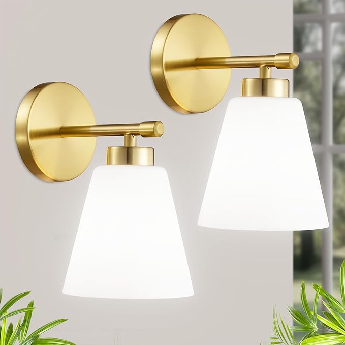 Hamilyeah Gold Sconces Wall Lighting Set of Two with Frosted Glass Shade, Industrial Bathroom Lighting Fixture with Milk Shade, Modern Brass Vanity Sconce Lighting for Bedroom, Living Room-Ruum Studio Home
