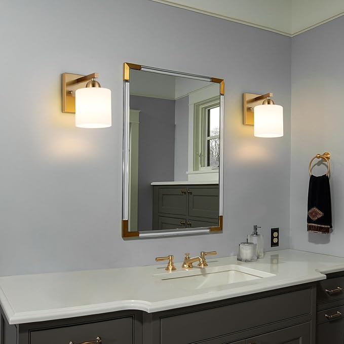 Gold Milk Glass Wall Sconces, 1 Pack Hardwired Indoor Wall Light Fixtures for Living Room, Hallway, Bedroom, Ceramic E26 Sockets (Bulbs Not Included)-Ruum Studio Home