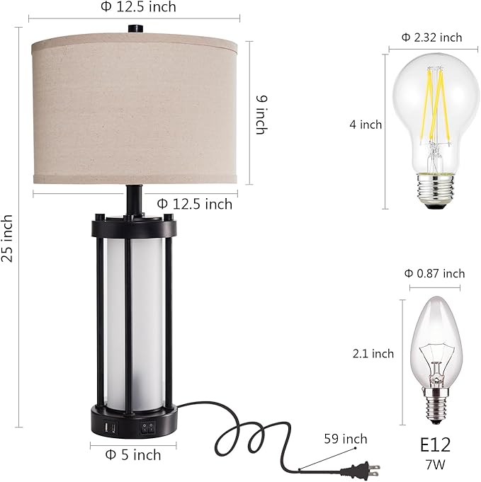 Modern Table Lamps for Living Room, Industrial Beside Lamps with 2 USB Ports, Rustic Nightstand Lamp with White Frosted Glass Night Light for Bedroom End Table Entryway, 2 Bulb Included-Ruum Studio Home