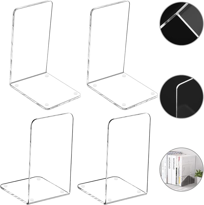 Lulonpon 4 Pieces Book Ends, Bookends, Books End for Shelves, Books End for Heavy Books, Clear Bookends, Acrylic Book Ends for School, Library,Desktop Organizer and Book Shelves-Ruum Studio Home