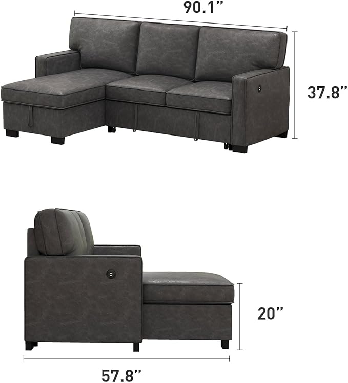 EBELLO Convertible Sleeper Sofa 3 in 1, Faux Leather Modern L-Shaped Couches for Living Room, Pull Out Sectional Futon Sofa Bed with Storage Space, USB Ports and Cup Holders for Bedroom-Ruum Studio Home