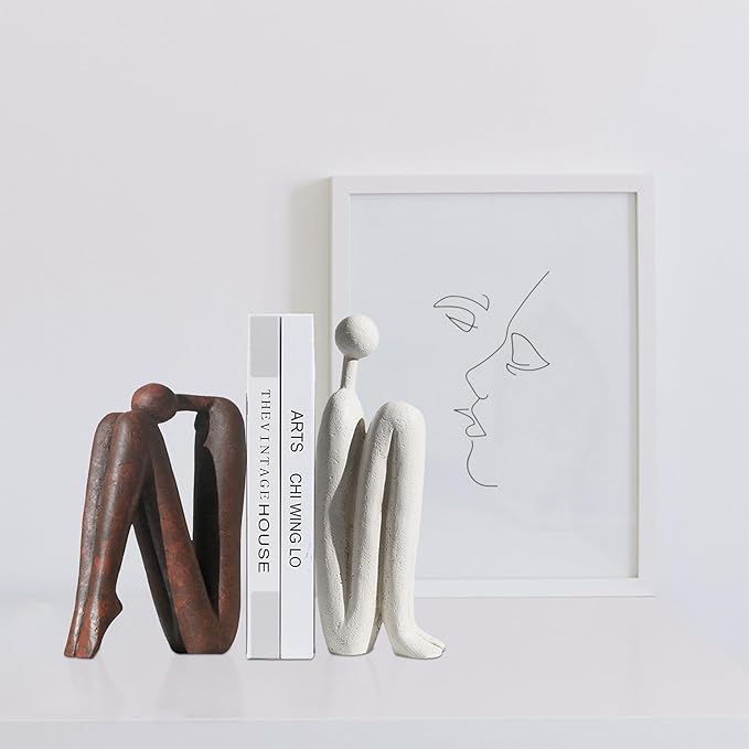 Decorative Bookends for Heavy Books, Thinker Statue Book Holders for Shelves & Office Desk, Abstract Decor Aesthetic Book Ends Stoppers, Modern Bookshelf Decoration-Ruum Studio Home
