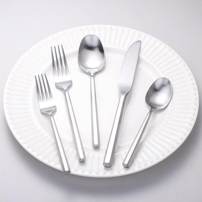 Matte Silverware Set Silver Flatware Set with Hexagon Handle 20 Pieces 18/0 Stainless Steel Cutlery Set Wedding Housewarming Gift Service for 4 (Matt silver)-Ruum Studio Home