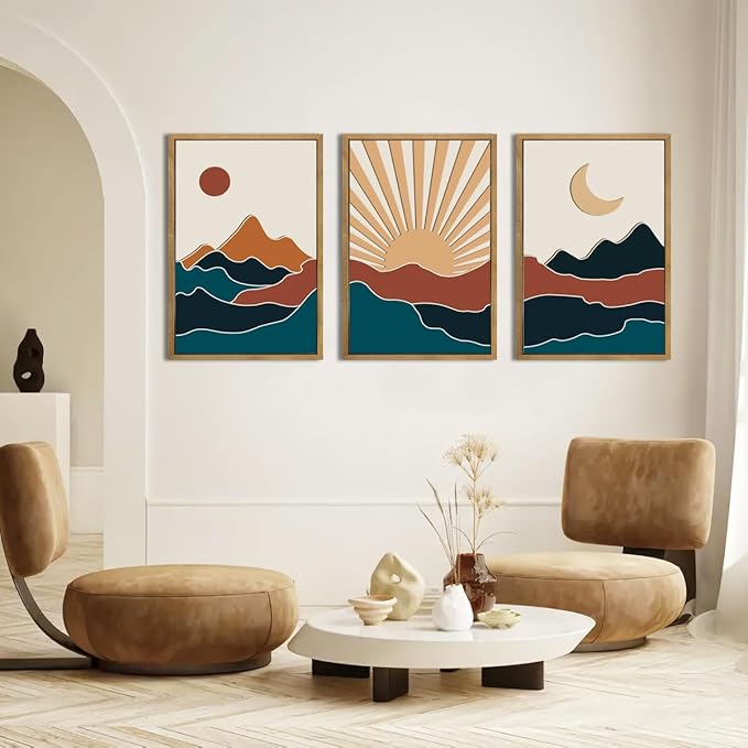 Large Boho Mountain Wall Art Set Modern Abstract Bohemian Wood Wall Decor Colorful Mid Century Neutral Artwork Sun and Moon Art Decor for Living Room Bedroom Office-16x24Inch x3-Ruum Studio Home
