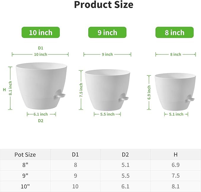 FaithLand 3-Pack Planter Pots, 10 9 8 Inch Self Watering Flower Pots for Indoor Outdoor Garden Plants, White-Ruum Studio Home