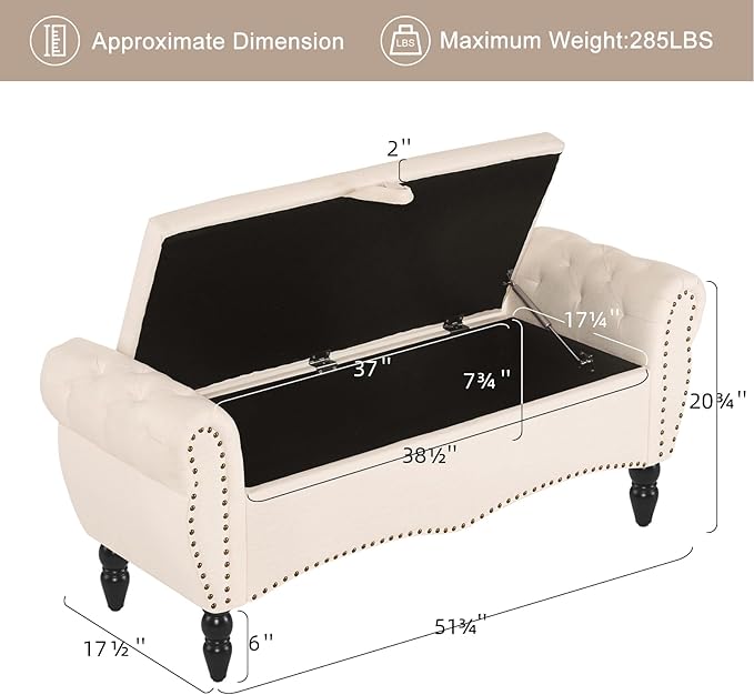 Furniliving Storage Ottoman Bench for Bedroom, Upholstered End of Bed Bench with Solid Wood Legs Modern Shoe Storage Bench Indoor Bench for Living Room Entryway Bench Furniture,Beige, Linen-Ruum Studio Home