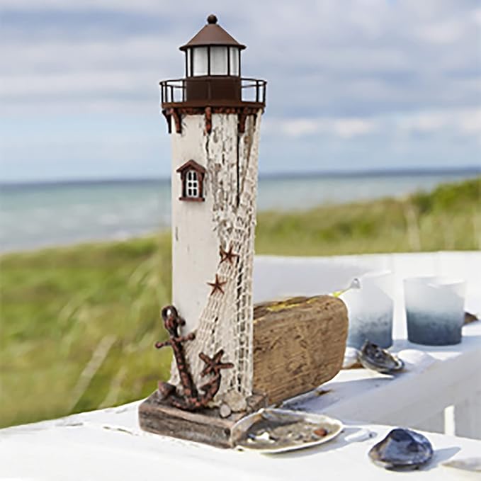 Linfevisi Wood Lighthouse Decor Rustic LED Light House Decor Wooden Decorative Nautical Lighthouse Statue Coastal Beach Themed Lighthouse Handcrafted Tabletop Decoration Home Bathroom (14.75")-Ruum Studio Home