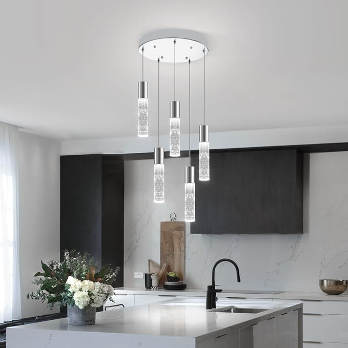 OKELI Smart Dimmable LED 5-Light Pendant Light for Kitchen Island, 18W 1350LM Modern Bubble Crystal Island Light Fixture with TUYA App & Voice Control, Adjustable 3000K-6000K, Electro-Chrome-Ruum Studio Home