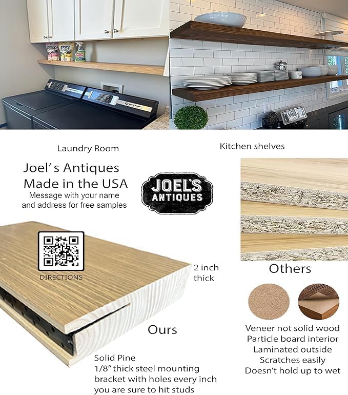 Joel's Antiques - 48 Inch Wooden Floating Shelves for Wall - 48x8x2 in - Made of Natural Wood - Long Heavy Duty Wall - Made in USA - Perfect for Living Room, Kitchen - Grey-Ruum Studio Home
