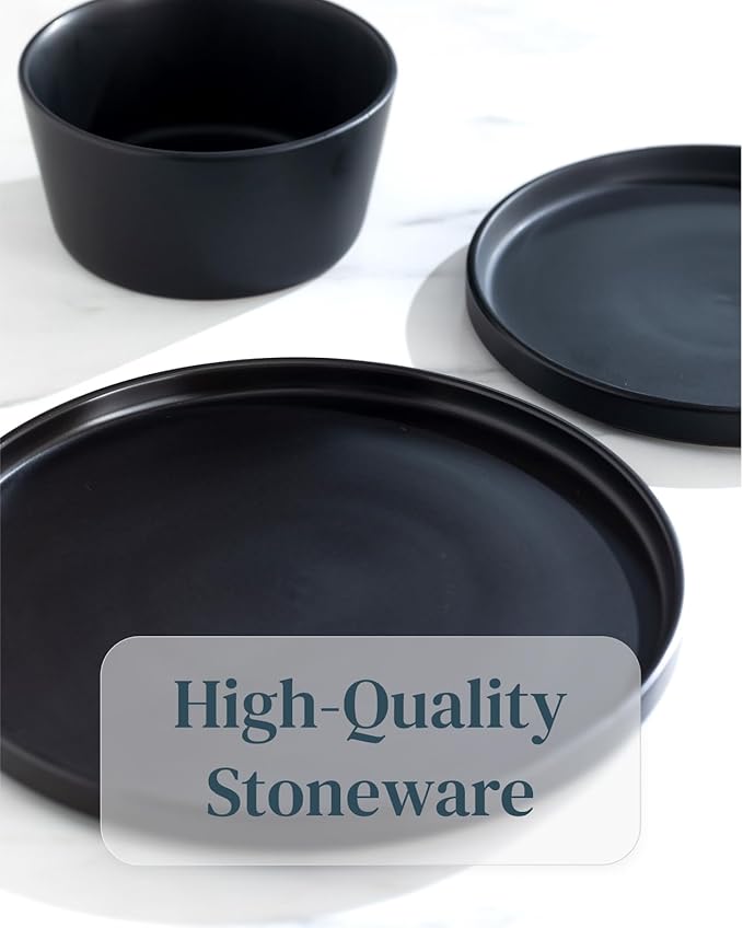 Ceramic Dinnerware Set - Scratch Resistant, Dishwasher & Microwave Safe Stoneware - 12 Piece Plates and Bowls for 4 - Matte Black-Ruum Studio Home