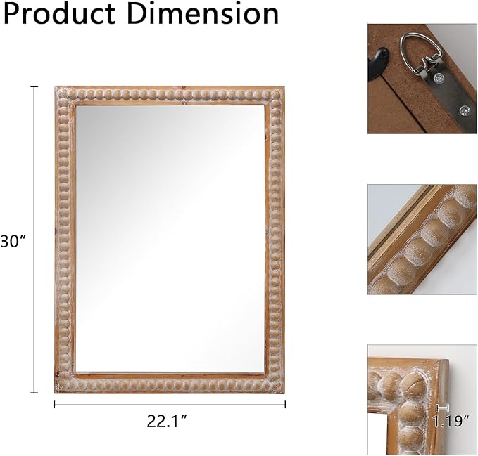 Farmhouse Bathroom Mirror 22x30 Inch - Rectangular Wall Mirrors with Wood Frame & Beaded Design - Distortion-Free Glass, Horizontal/Vertical Mount or Freestanding-Ruum Studio Home