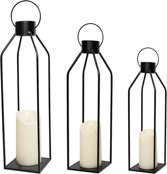 HPC Decor 22'' 19'' 16'' Lanterns Decorative w/Flickering Timer Candles- Tall Large Black Metal Candle Lanterns Set of 3- Modern Farmhouse Decor for Indoor,Outdoor,Tabletop,Porch (No Glass)-Ruum Studio Home