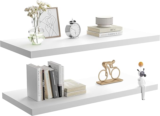 Wall Shelf Set of 2, White Floating Shelves 24 in W x 10 in D x 1 in H, Wooden Floating Wall Shelf with Invisible Brackets for Living Room/Bedroom/Bathroom/Kitchen Storage and Decor-Ruum Studio Home