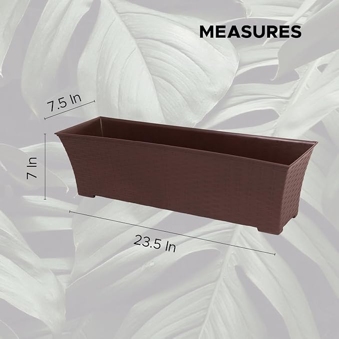 Elly Décor Set of 2 24x8 Rectangular Modern, Resistant and Self Watering Planter with Rattan-Like Finish, 24", Chocolate Brown-Ruum Studio Home