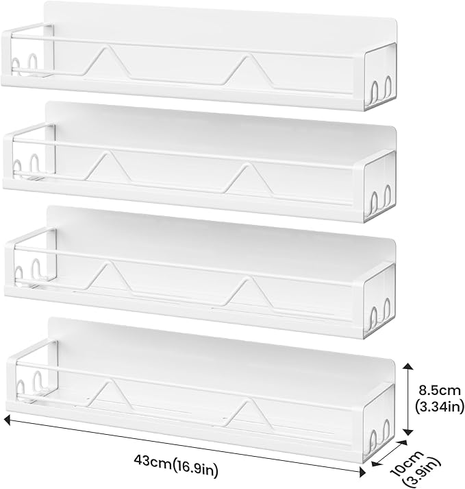 16.9 Inch Wide Large Capacity Magnetic Spice Rack for Refrigerator, 4 Pack Metal Fridge Shelf, White-Ruum Studio Home