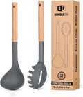 Silicone Pasta Fork and Ladle Spoon Set with Wooden Handle, Heat Resistant Non Stick Kitchen Utensils for Cooking, Stirring, Serving Spaghetti, Soup, Sauce(GRAY)-Ruum Studio Home
