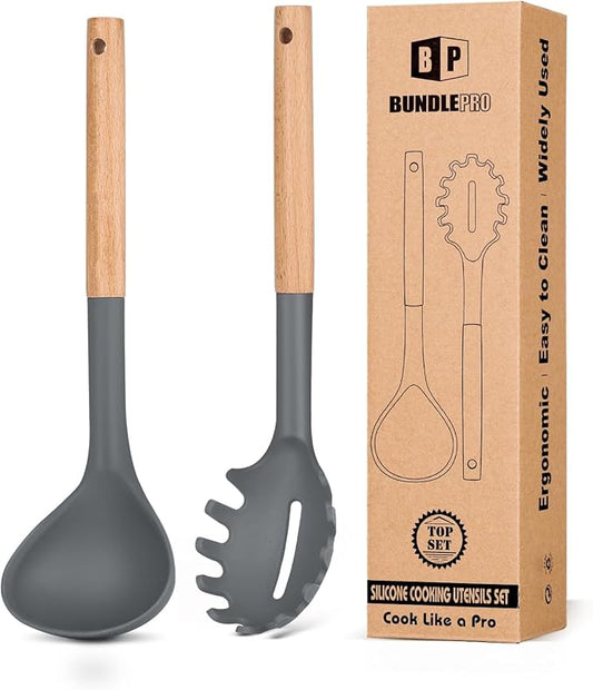 Silicone Pasta Fork and Ladle Spoon Set with Wooden Handle, Heat Resistant Non Stick Kitchen Utensils for Cooking, Stirring, Serving Spaghetti, Soup, Sauce(GRAY)-Ruum Studio Home