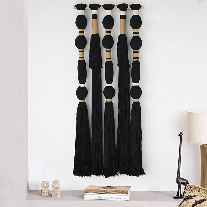 Macrame Wall Hanging Black Sphericity Cotton Tassels Textile Hanging Geometric Yarn Wall Art for Bedroom Living Room Decor 15.7" W x 39" L-Ruum Studio Home