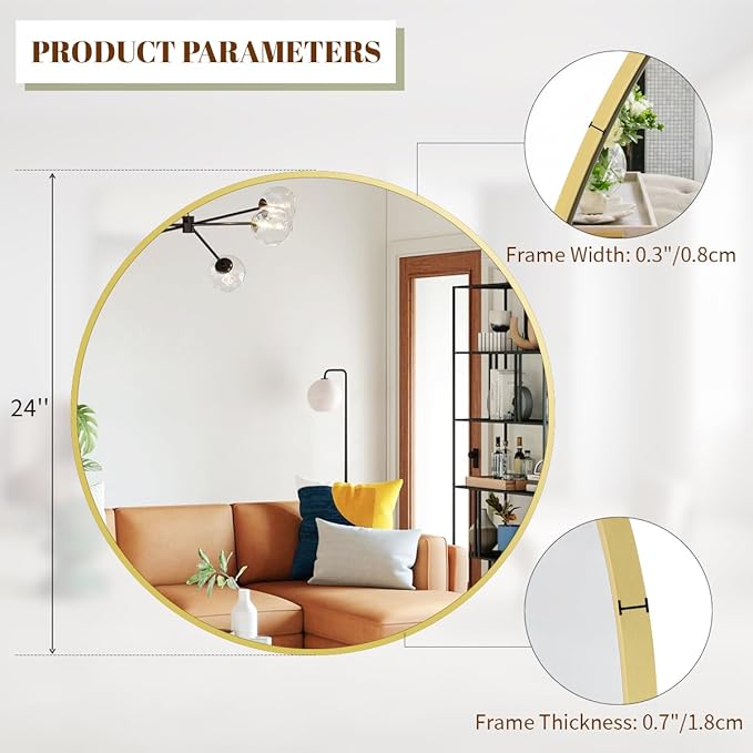 BEAUTYPEAK 24 Inch Round Mirror, Metal Frame Circle Mirror, Wall Mounted for Entryway, Bathroom, Vanity, Living Room, Gold-Ruum Studio Home