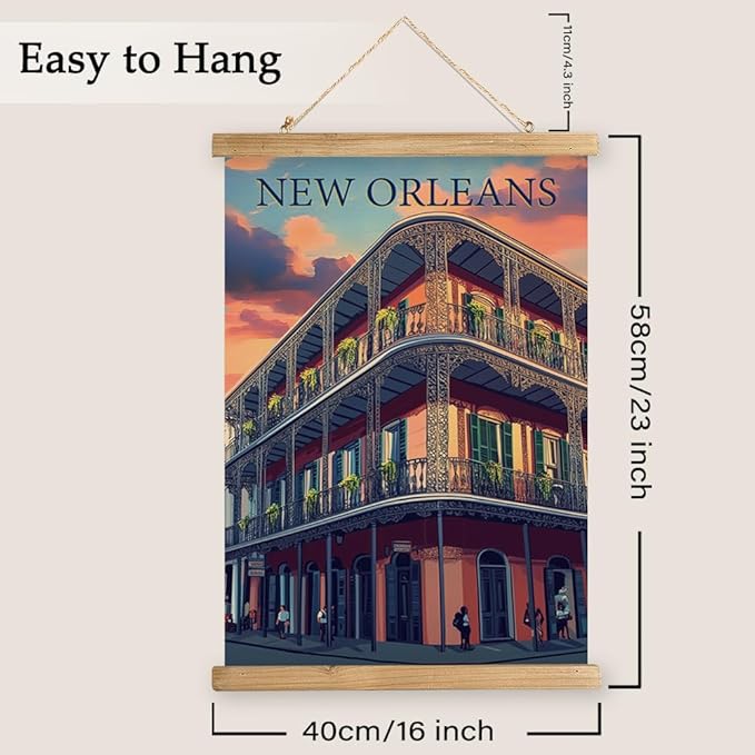 WREVERW Vintage New Orleans Poster Canvas Print with Wooden Hanger Frame, Featuring French Quarter Architecture and Iconic Iron Balconies, Wall Art for Home and Office Decor, 16x23 inches-Ruum Studio Home