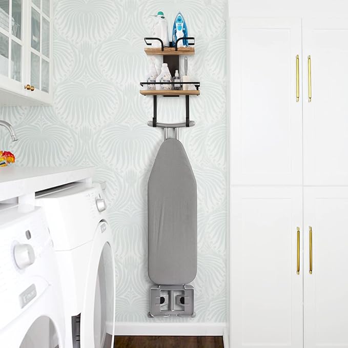 VINAEMO Ironing Board Hanger Wall Mount, 2-Layer Iron and Ironing Board Holder, Laundry Room Shelves Solid Wood with Removable Hooks Home Organization and Storage-Ruum Studio Home