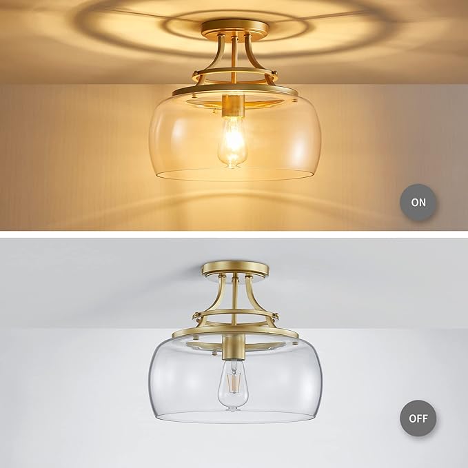 WUZUPS Chandelier Rustic Farmhouse Industrial Round Semi-flushmount Ceiling LED Light Fixture with Clear Glass Shades for Bathroom Kitchen Foyer Entryway, H 11.8" x W 13.4", E26 Base, Gold-Ruum Studio Home