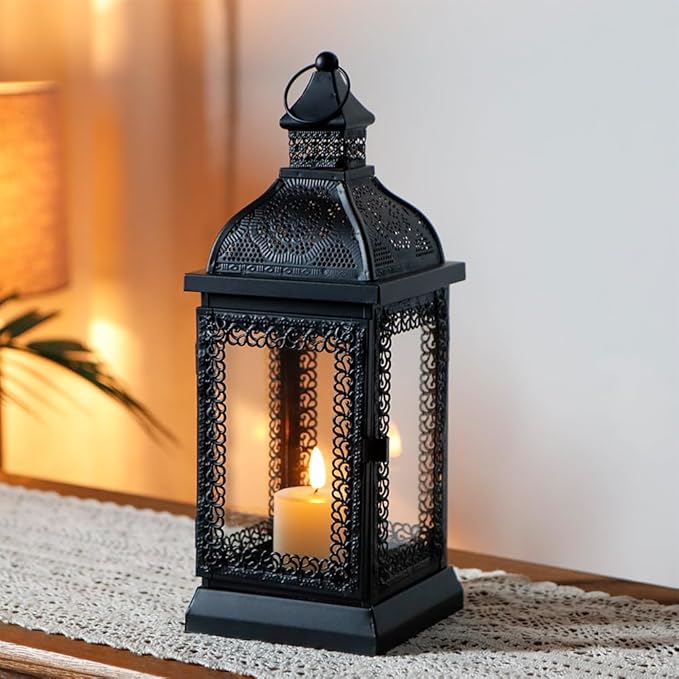 TRIROCKS Rustic Style Metal Candle Lantern 13'' High Decorative Outdoor Lantern Candle Holder with Tempered Glass for Christmas Living Room Garden Patio Parties Indoors Outdoors (Black)-Ruum Studio Home