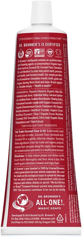 Dr. Bronner’s All-One Toothpaste– Cinnamon, 5 oz, 3-Pack– Fluoride-Free Toothpaste for Adults, SLS-Free, 70% Organic & Natural Ingredients, Vegan, Helps Freshen Breath, Reduce Plaque, Whiten Teeth-Ruum Studio Home