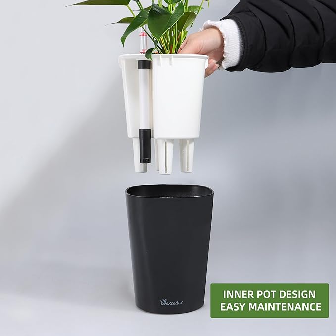 Dexceder 6x7 Self Watering Planter Indoor Outdoor, High Gloss Table Flower Plant Pot with Water Level Indicator (Black)-Ruum Studio Home