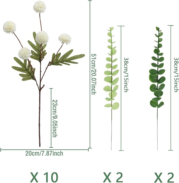 Faux White Kiku Flower, 10 Stems with 5 Heads Each & 4 Branches Eucalyptus Stems, Artificial Small Mini Chrysanthemum Flowers for Aesthetic Room Decor, Floral Arrangements Centerpiece-Ruum Studio Home