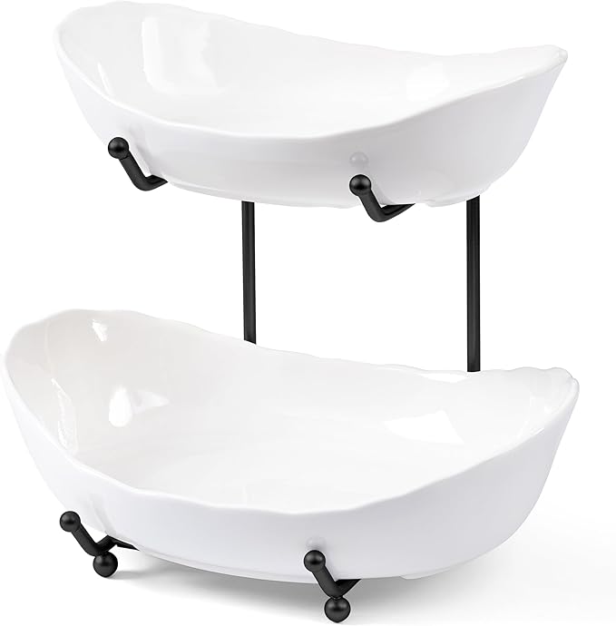 HBlife Fruit Bowl for Kitchen Counter - 2 Tier Ceramic Fruit Rack, Fruit Basket for Fresh Fruit&Veggies, Tiered Fruit Platter Serving Trays for Party-Ruum Studio Home