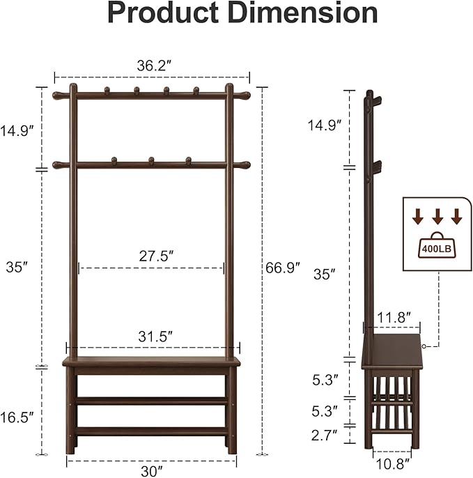 Hall Tree, Coat Rack with Shoe Storage, Wooden Hall Tree with Bench, 11 Hooks and 2-Tier Storage Shelves, Entryway Bench with Coat Rack (31.5" - Deep Walnut)-Ruum Studio Home