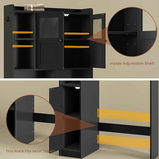 Itaar Over The Toilet Storage Cabinet, Over Toilet Bathroom Organizer with Glass Doors & Toilet Paper Holder Stand, Home Space-Saving Toilet Rack, for Bathroom, Restroom, Laundry(Black)-Ruum Studio Home